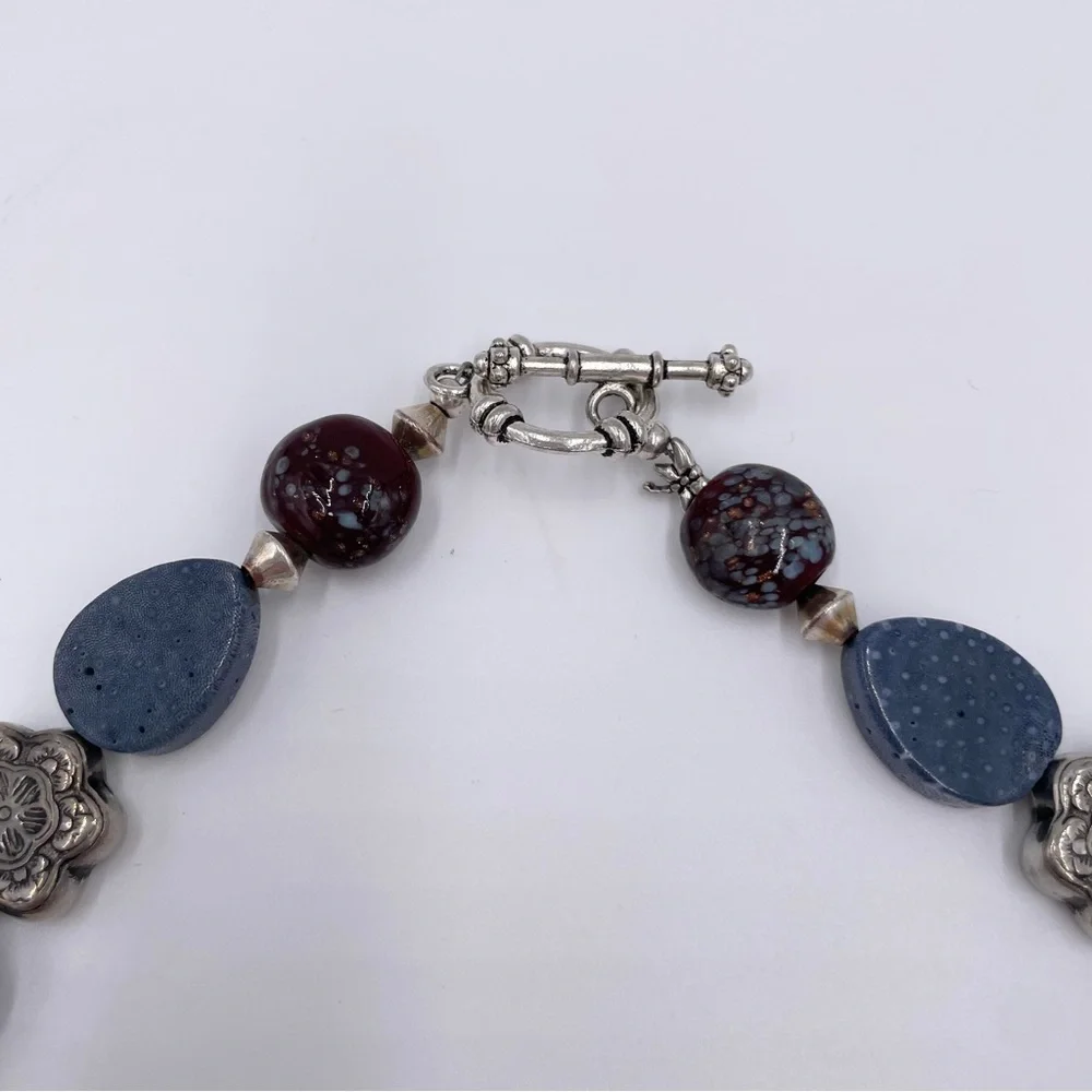 Silver Blue Natural Stone Beaded Statement Pendant Necklace Artsy Unique Boho